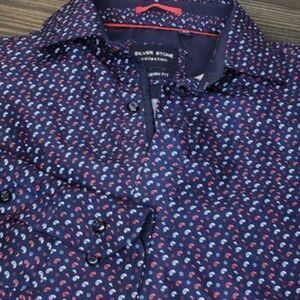 Silver Stone Mens Shirt Size Med Red White Blue Silky Soft Button up Long sleeve